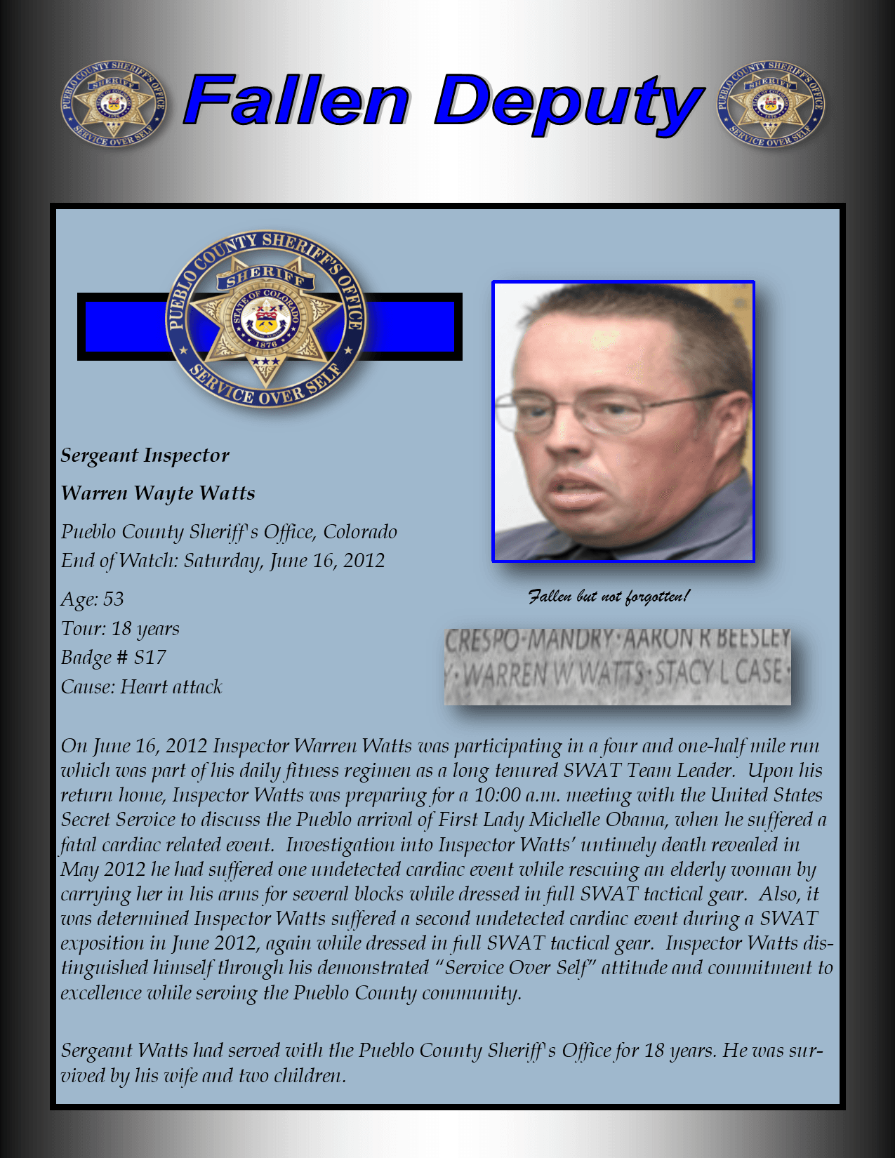 Warren Watts Memorial Plaque