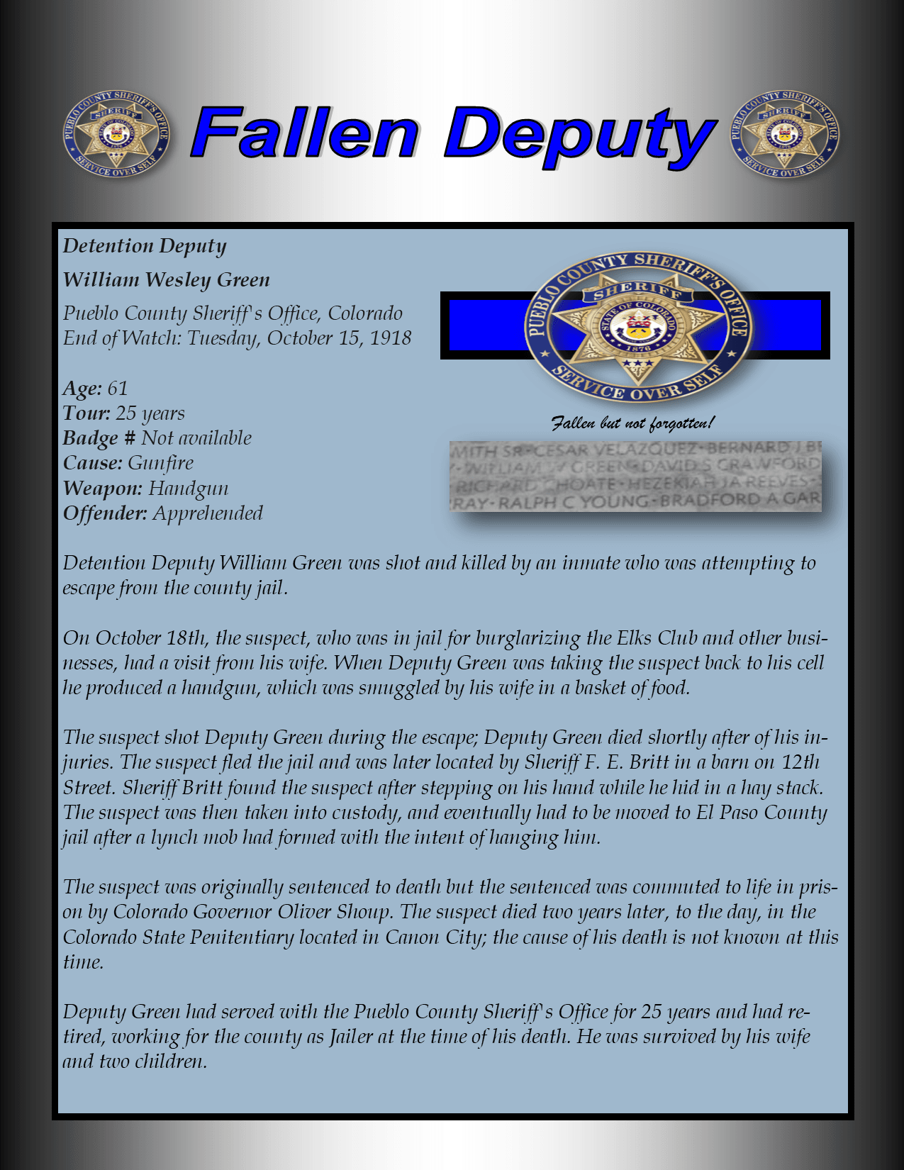 William W Green Memorial Plaque